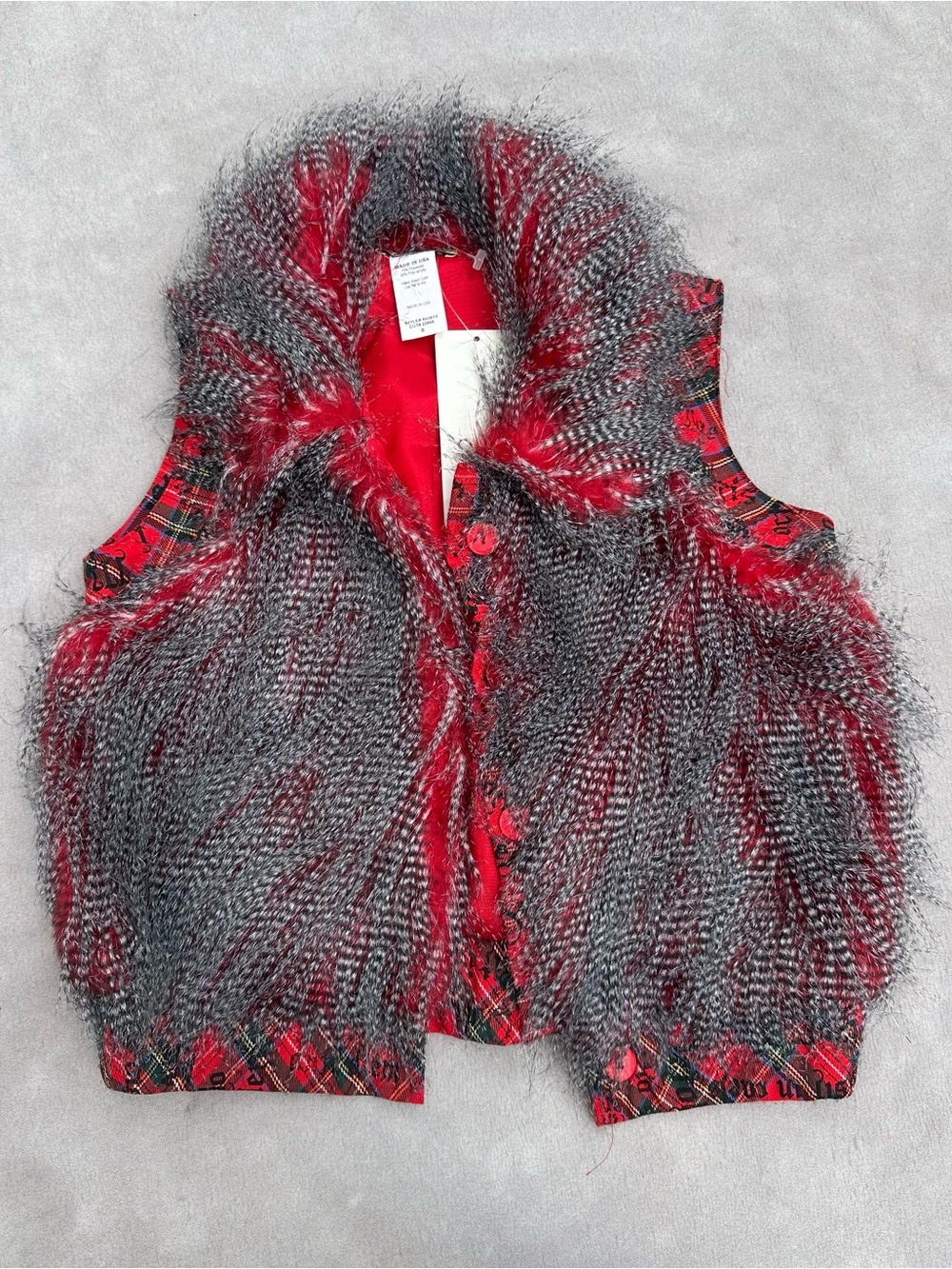 Cozy Red & Gray Faux Fur Plaid-Trim Vest